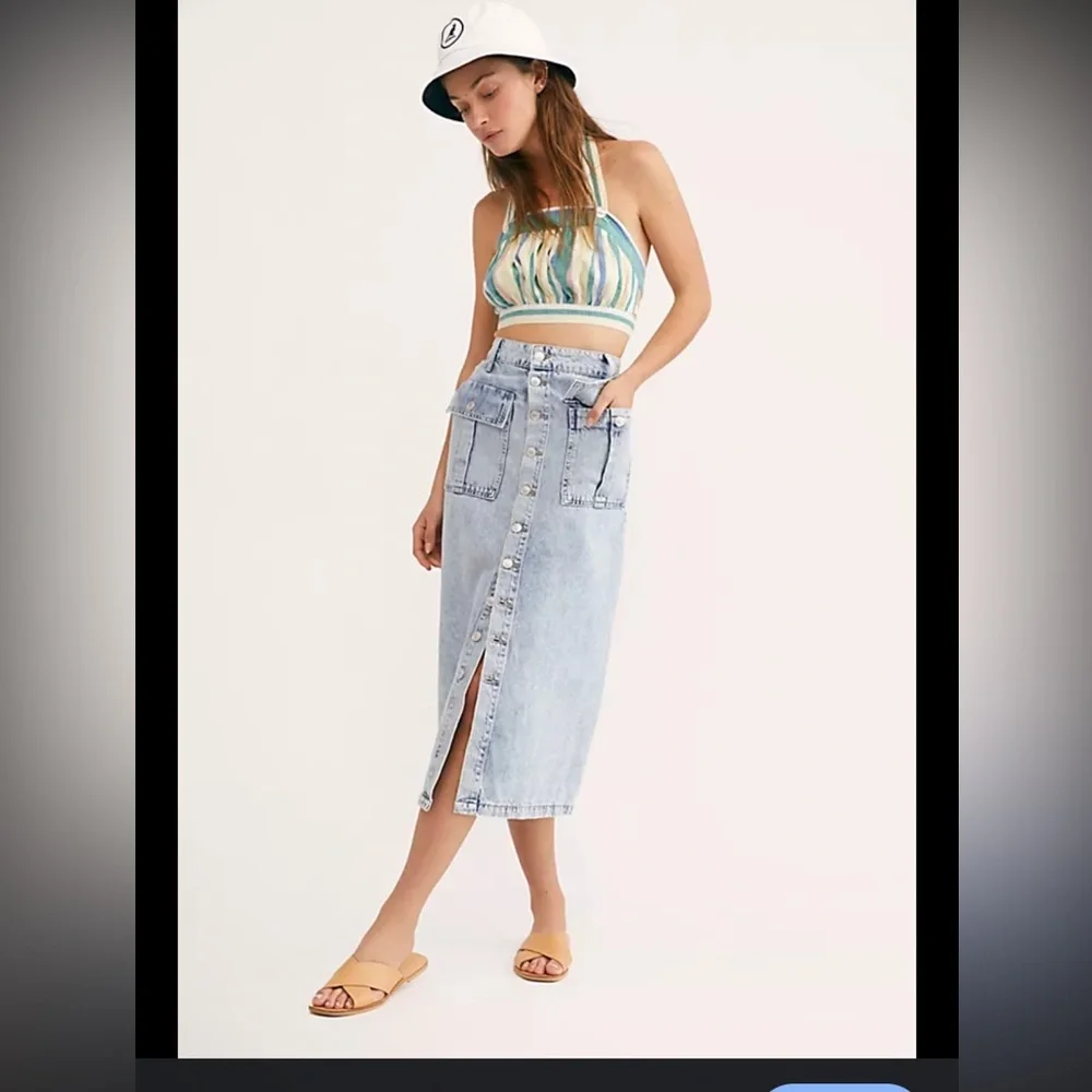 We the Free Denim Midi Jean Skirt Ava Front Button Acid Trashed Cargo Pocket